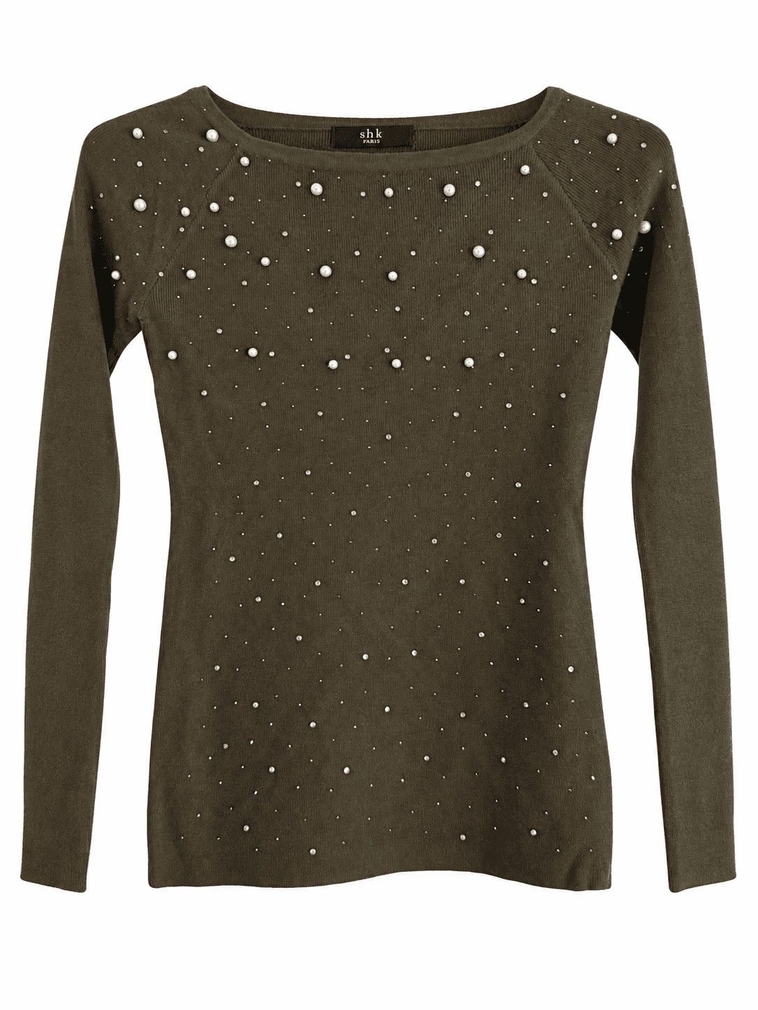 SHK Boatneck Longsleeve Top met Strass in Khaki